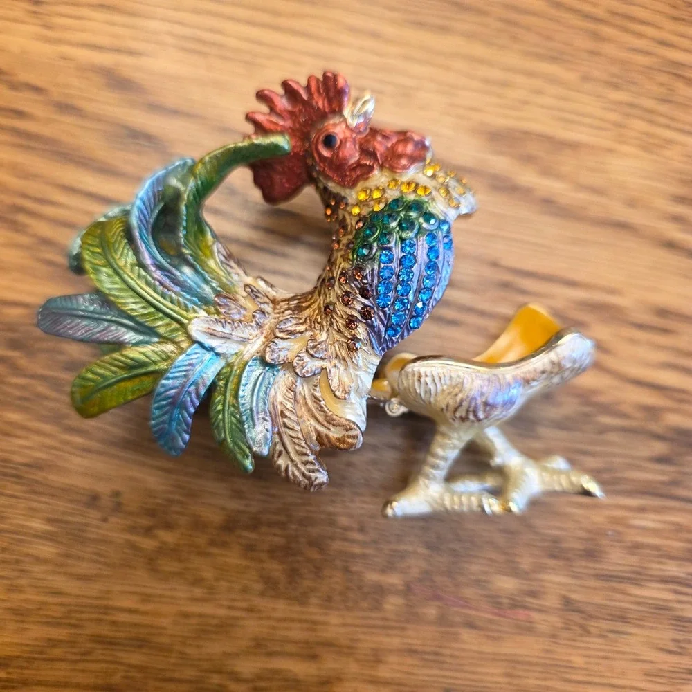Multicolor Enamel Rooster Trinket Box Rhinestone Bejeweled Hinged Figurine‎ 3in